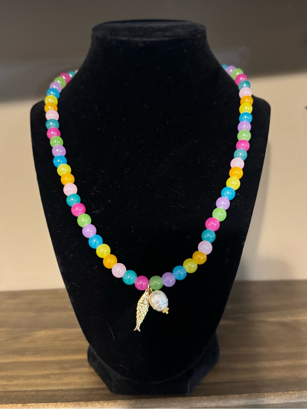 Multicolor Beaded Necklace with Gold Fish Charm